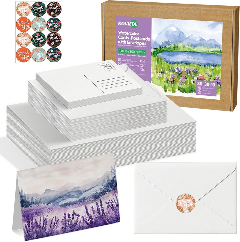 KOVIEDE 30 Pack Blank Foldable Watercolor Cards with Envelopes 5"x7", 10 Sheets Watercolor Postcards, 140lb/300gsm Heavyweight 100% Cotton Cards for Painting, Greeting, Birthday Valentine - Image 1